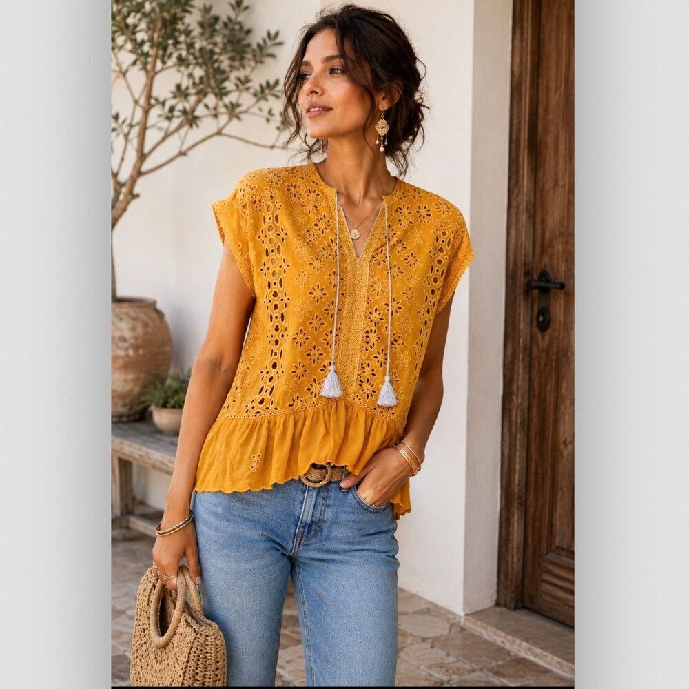 Johnny Was Leith Eyelet Embroidered Peplum Blouse Mustard Yellow Boho Top XL